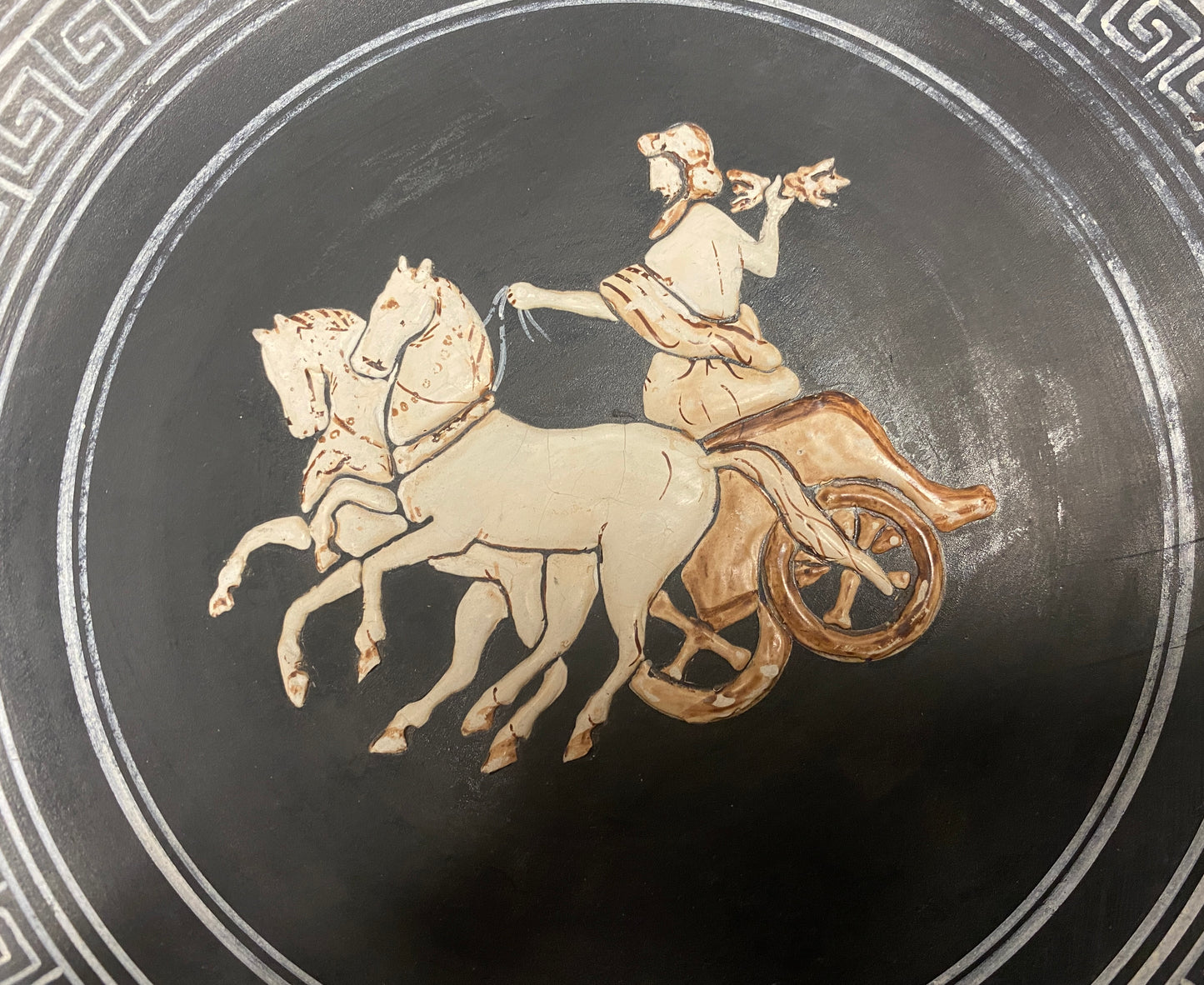 Black Hand Painted Plate with White Chariot