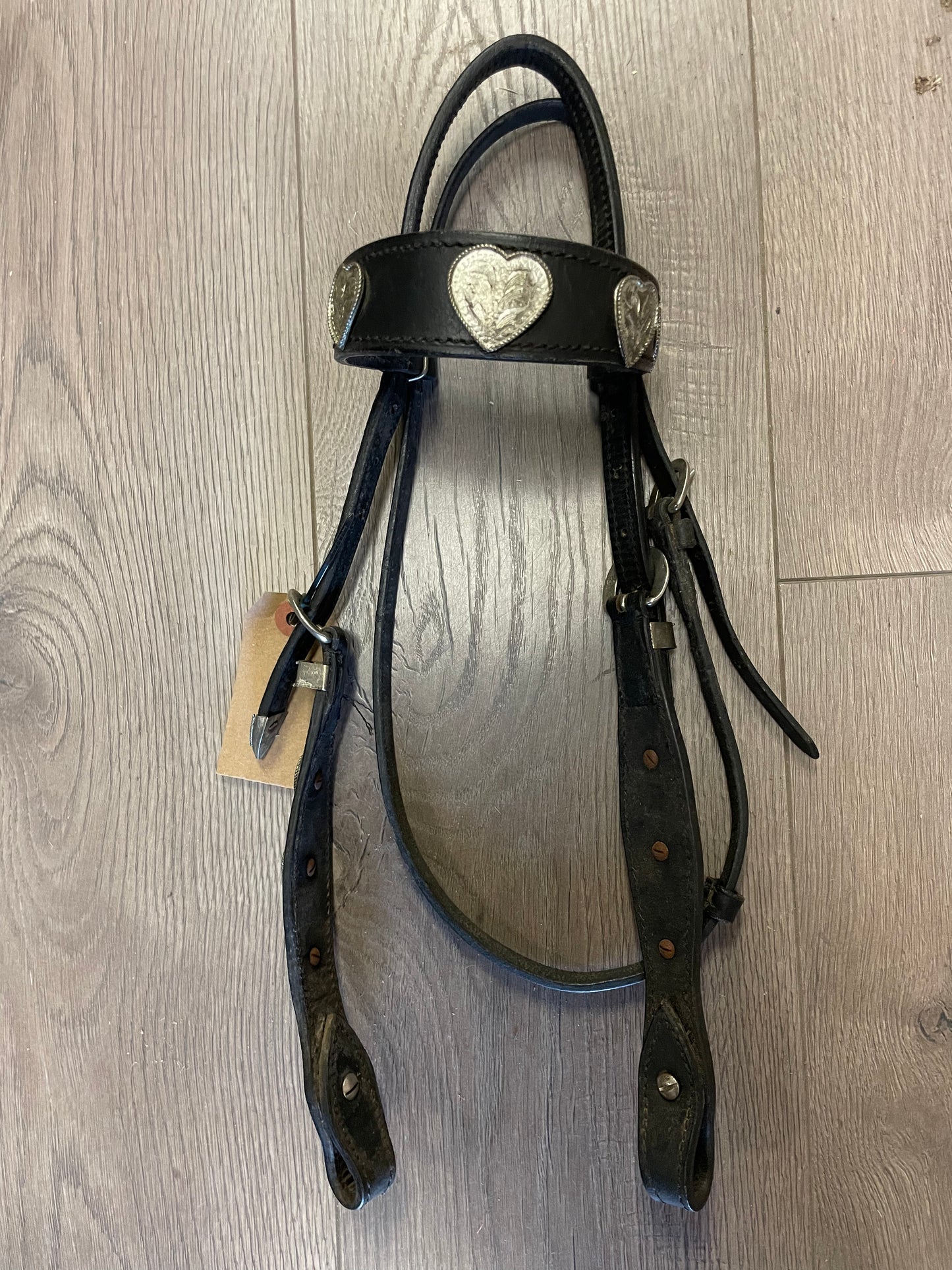 Black leather headstall with hearts