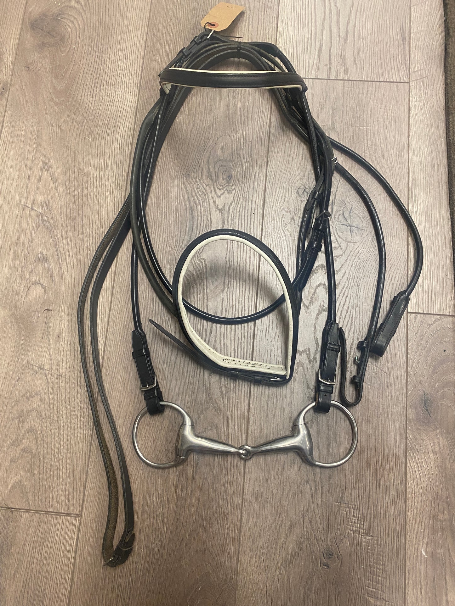 Full/Horse Rolled Black/White Dressage Bridle with Reins